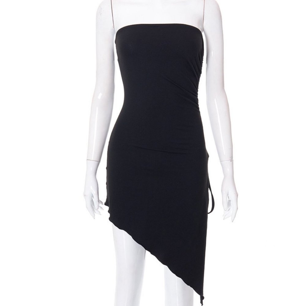 Edgy Summer Solid Color Strapless Side-Slit Irregular Dress